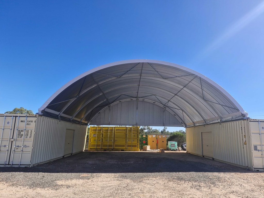 Large covered storage area with containers