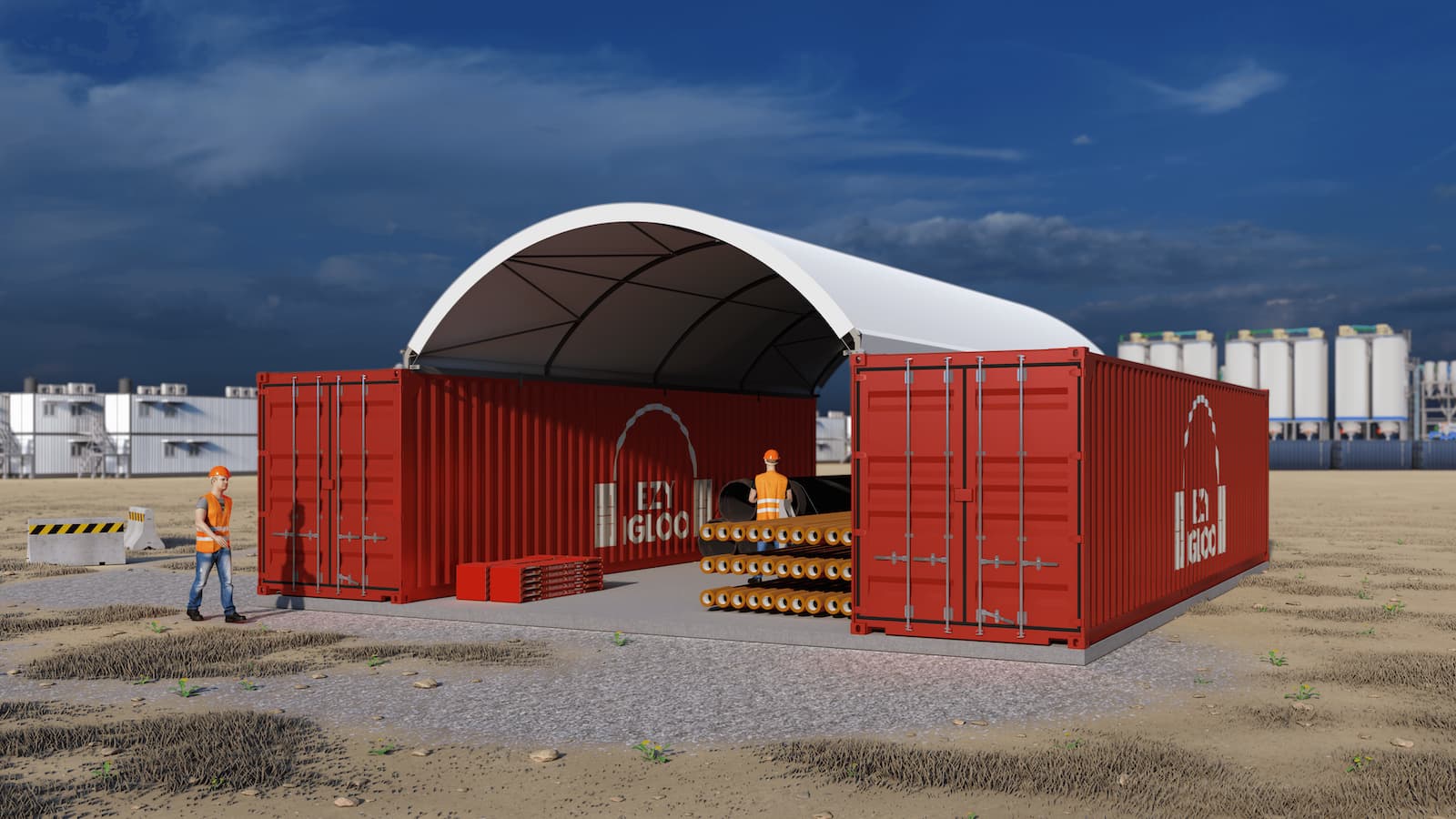 Animation of machinery under Ezy Igloo container dome